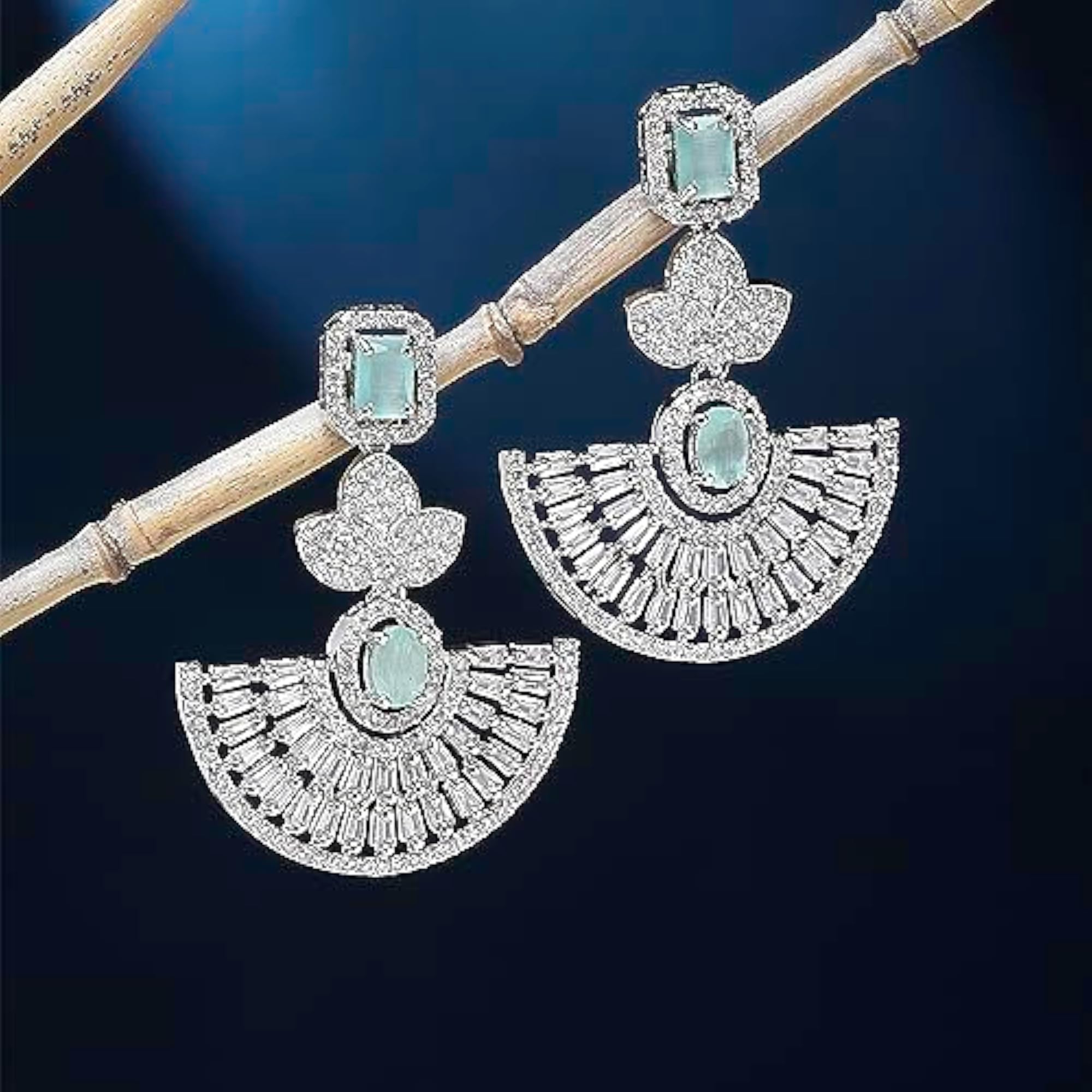 Leaf Shaped Drop Earrings with American Diamond in Rhodium Plating
